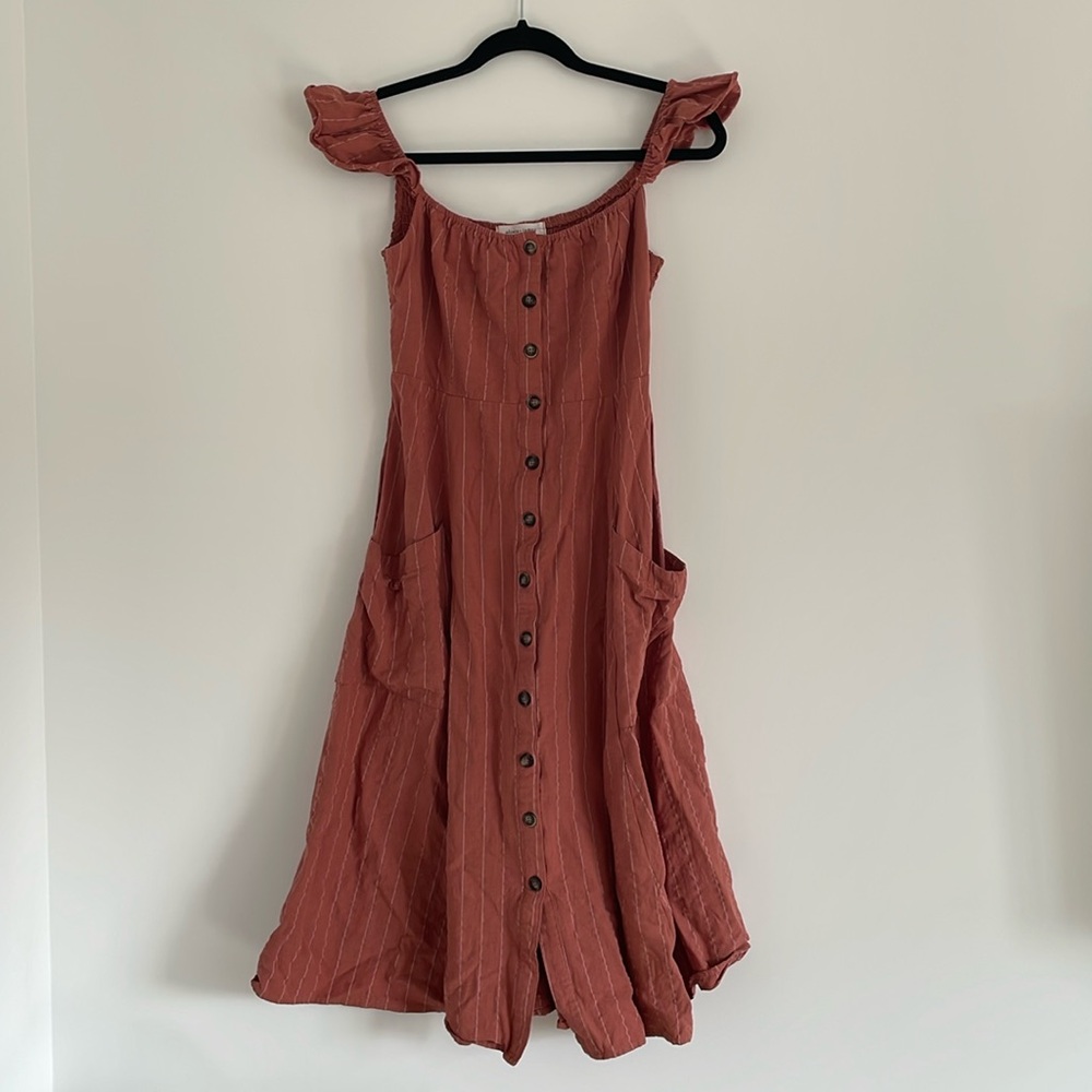 Red/Pink Striped Midi Dress with Ruffle Sleeve by Olivia + James